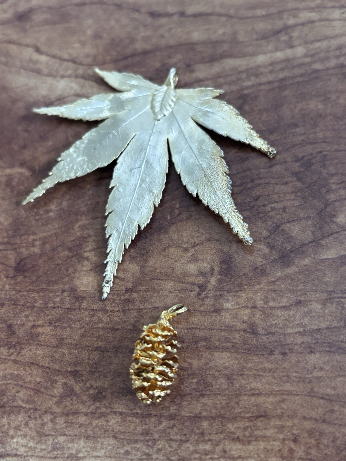 Vintage 1980’s Gold Plated Real Leaves and Pinecone Handmade- lot of 4 pieces