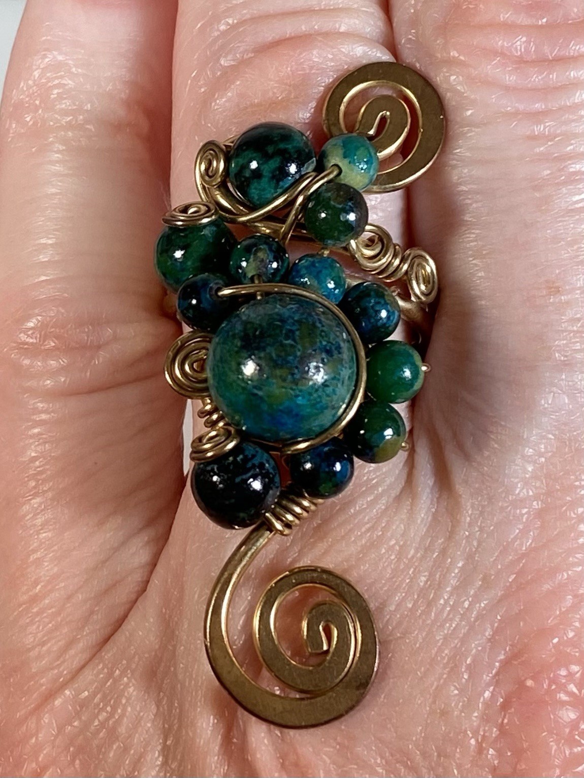 Handmade ring, green and blue gemstones, wire-wrapped in gold-toned metal
