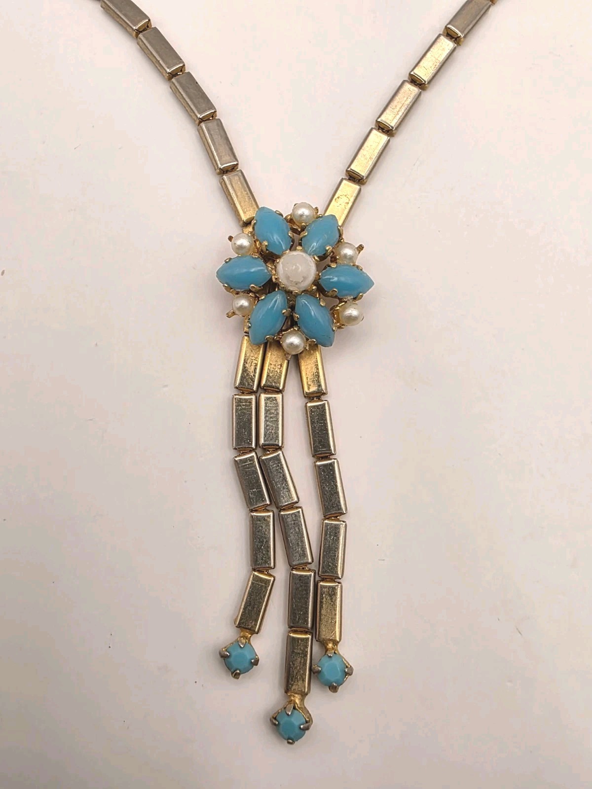 Vintage Art Deco Blue Cabachon W/Faux Pearl Lariat Style Necklace