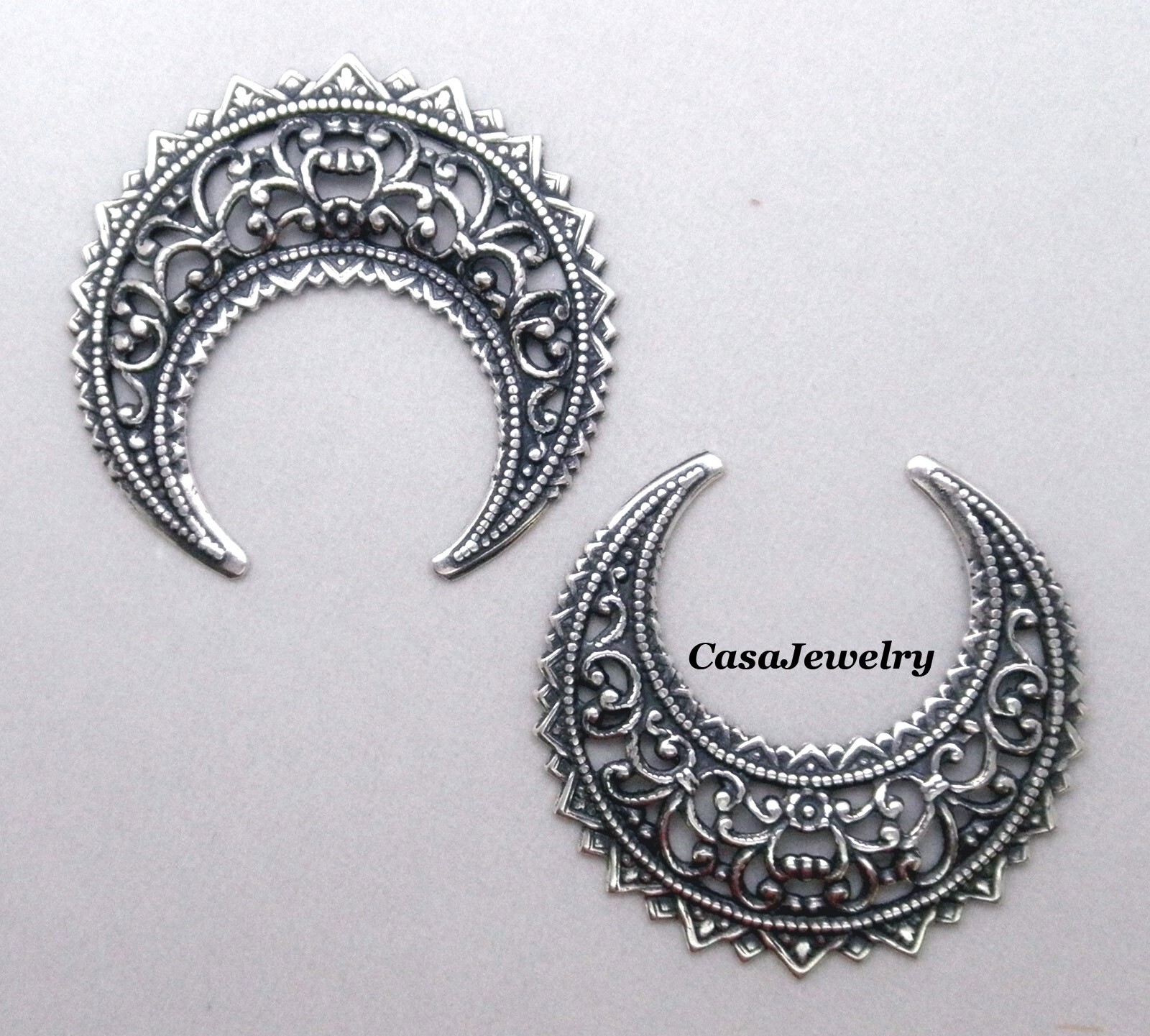 #1320 LARGE ANTIQUED STERLING SILVER PLATED OPEN FILIGREE CRESCENT – 2 Pc Lot