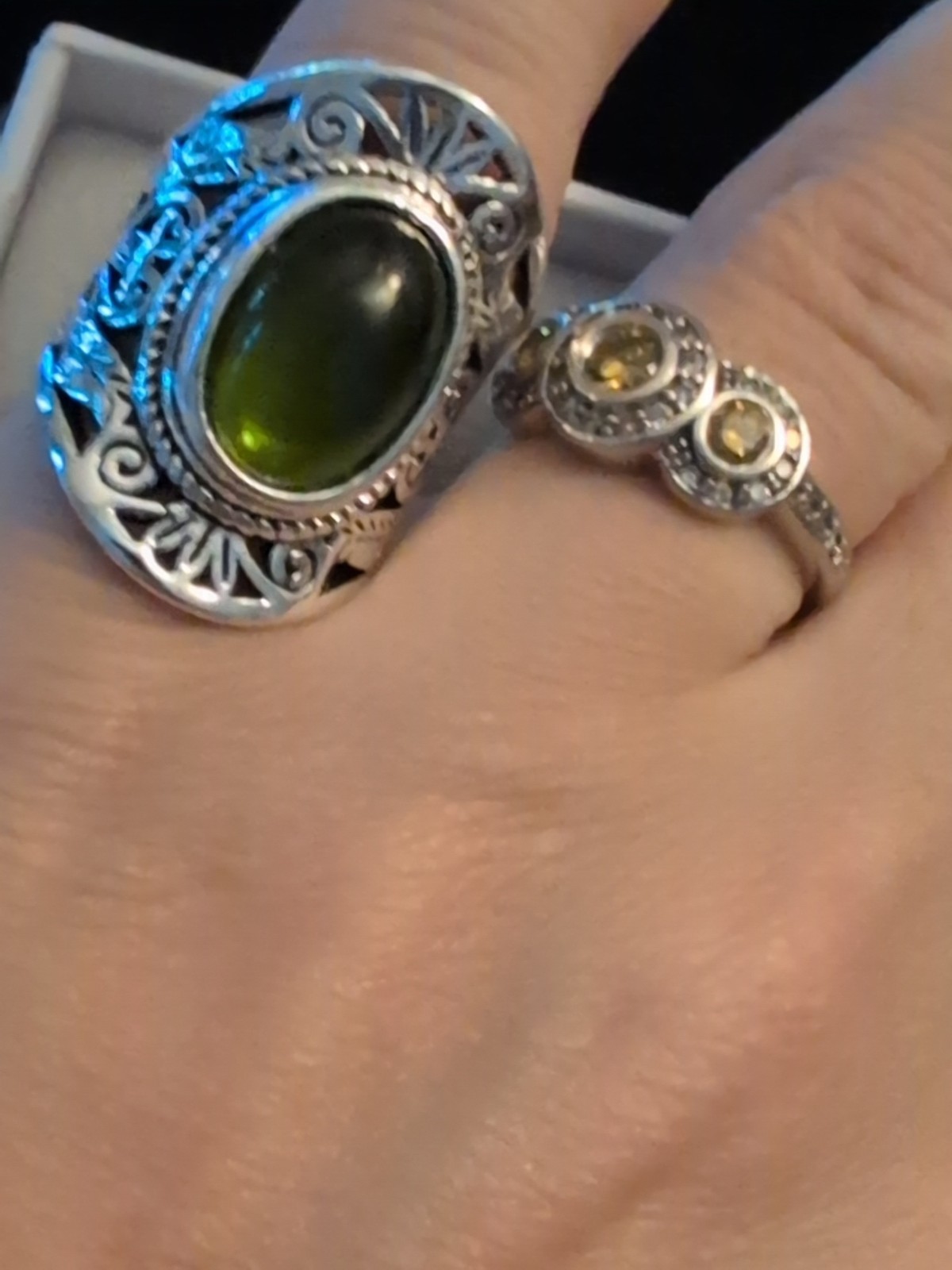 Sterling Silver Size 7 Ornate Vintage Revival Perfect Eye Clean Green Amber