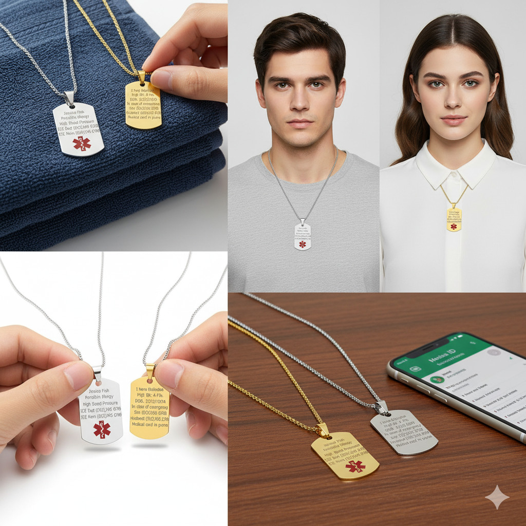 Stainless Steel Medical Alert ID Pendant Necklace Dog Tag Personalized Engraving