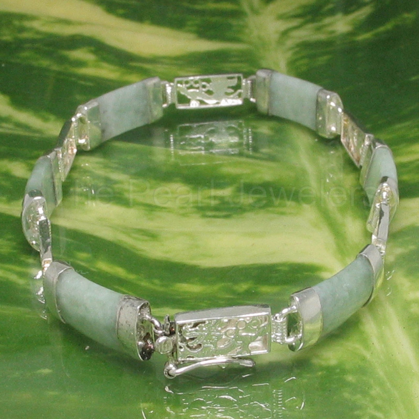 Celadon Jade Bracelet with 925 Sterling Silver Dragon Engraved Links – TPJ