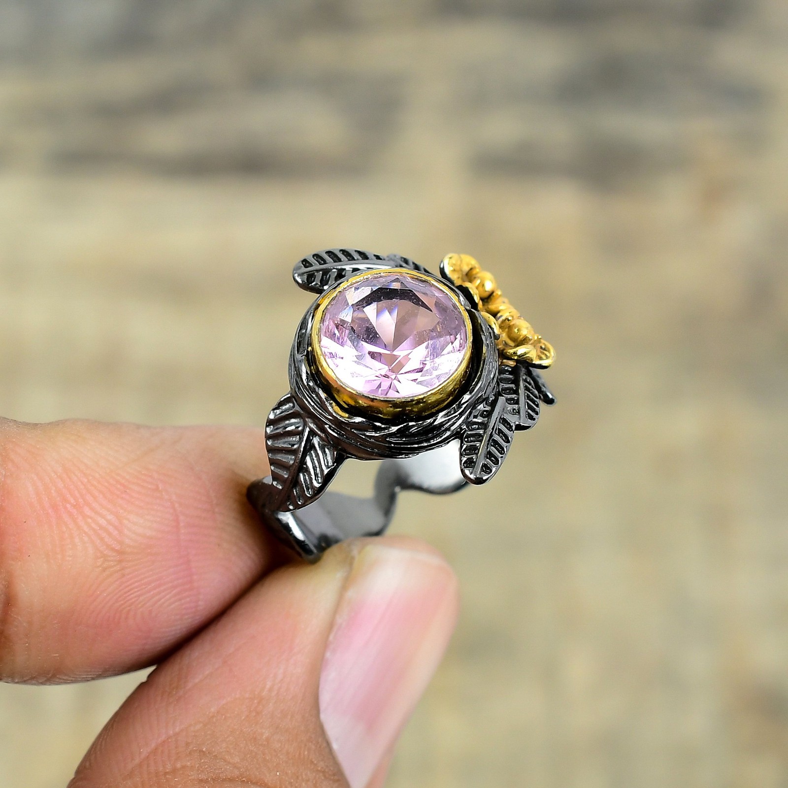 Pink Kunzite Black And Gold Plated 925 Sterling Silver Ring S.8 R8731