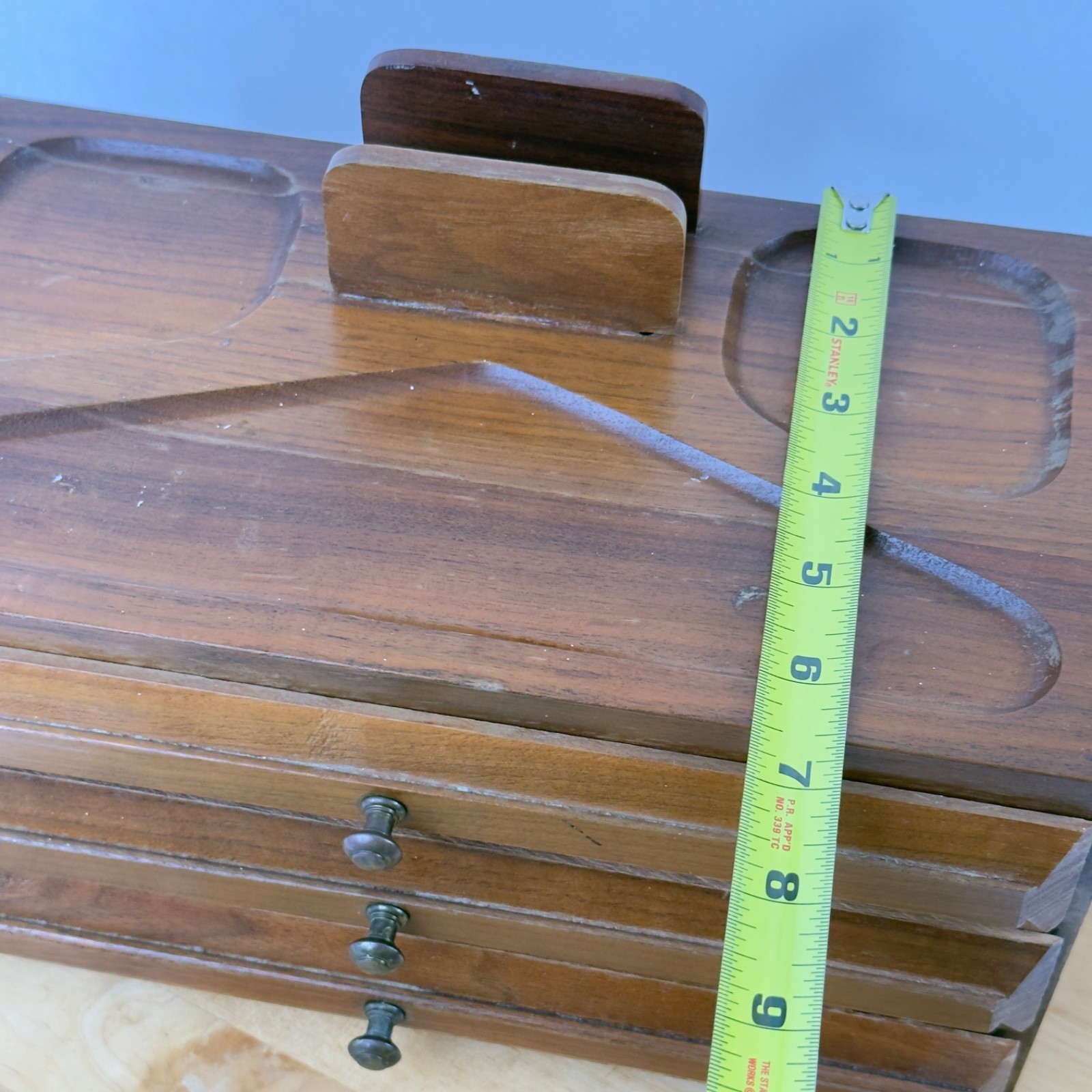 Mid Century Walnut Wood Desk Organizer Jewelry Desk Valet Box w Drawers Catchall