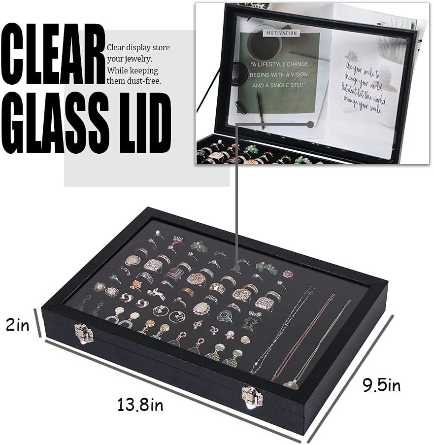 Ring Display Box 100 Slots with Glass Top Lid, Black Jewelry Storage Case