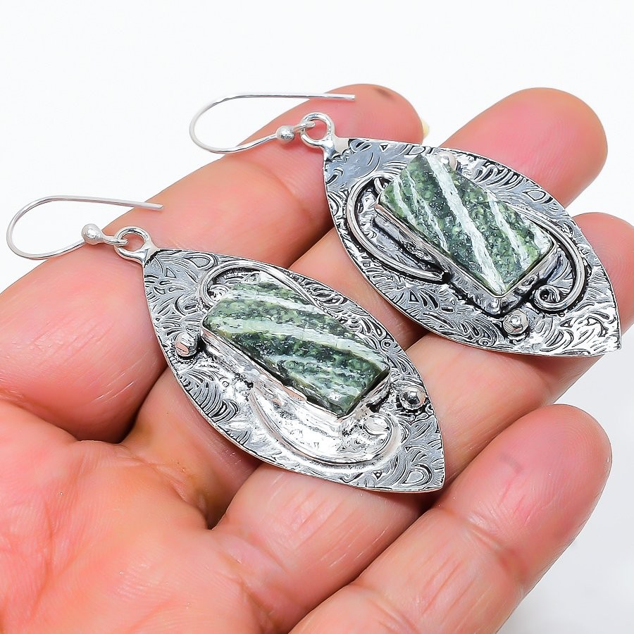 Banded Green Opal Gemstone 925 Sterling Silver Jewelry Earring 2.56″ b604