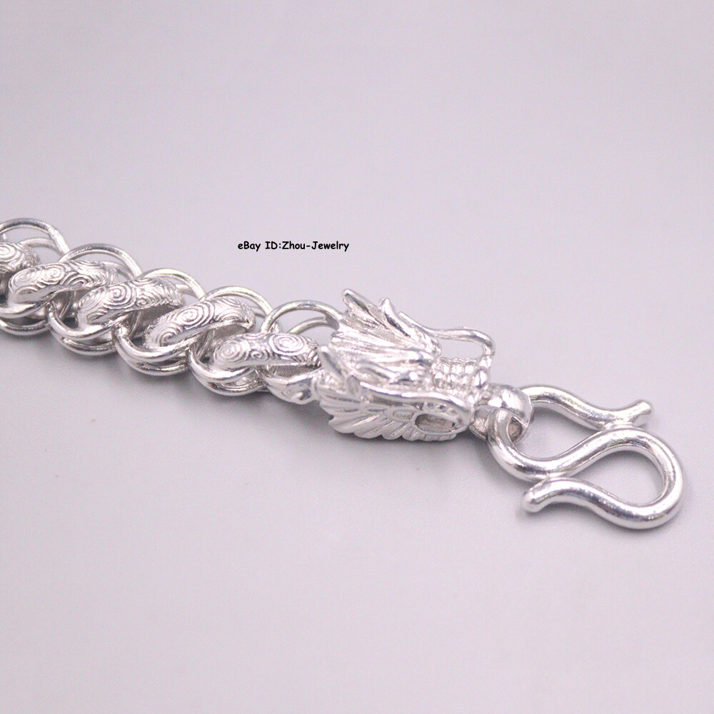 Pure S999 Fine Silver 999 Chain Curb Link Dragon Head Bracelet 34-35g 8.26inch