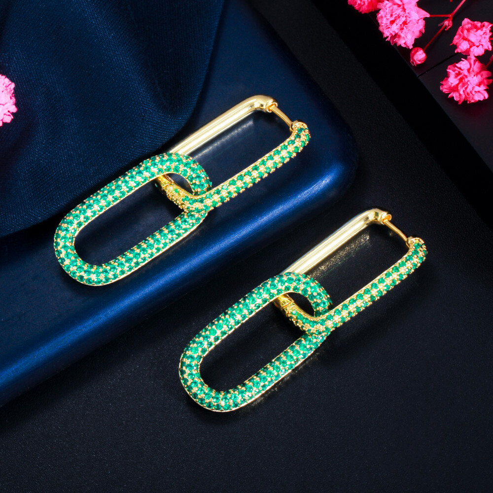 Gold Plated Mix Multicolor CZ Bridal Dangle Drop Rectangle Charm Hoop Earrings