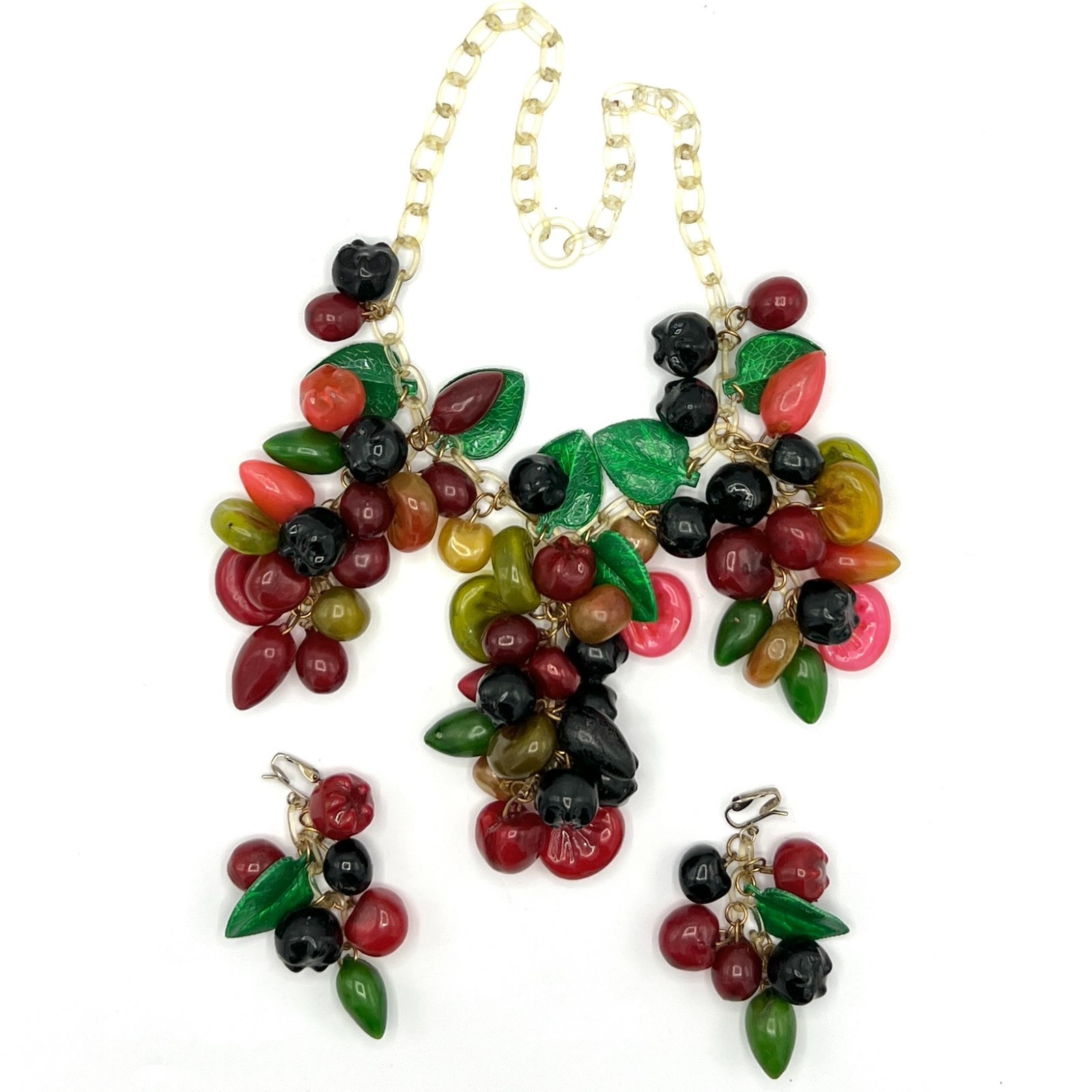 Anka Celluloid Mixed Fruit Necklace & Earring Set Vintage Stock 1920s Fruit
