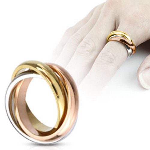 316L Stainless Steel Triple Tone Tri-Roll Links Band Ring Size 5,6,7,8,9 (FL210)