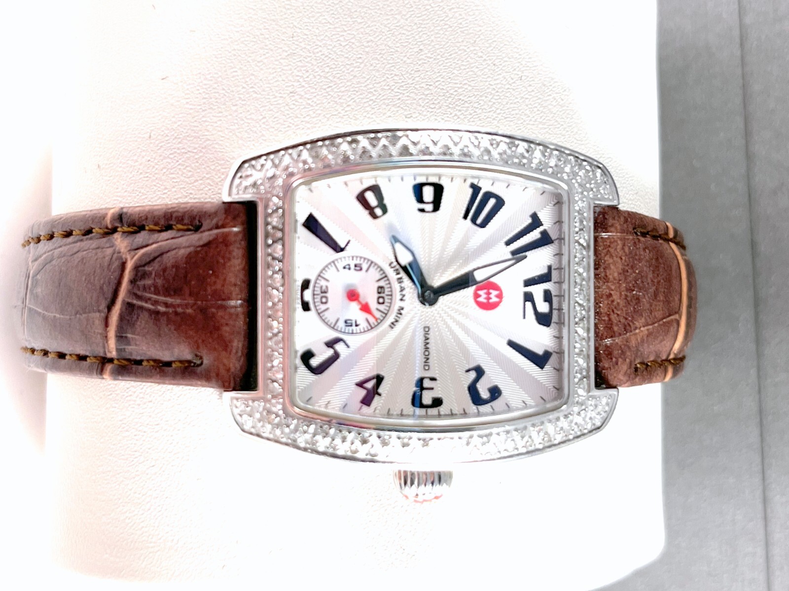 Michele Mini Urban Diamond Watch With Brown Leather Band in Excellent Cond.