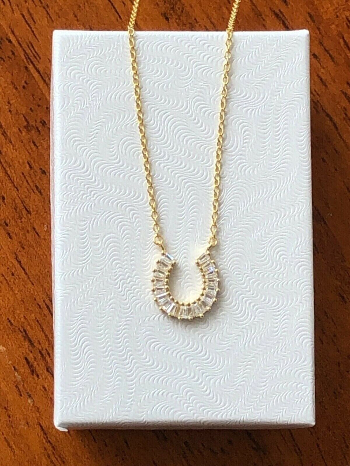 925 Sterling Silver CZ Baguette Horseshoe Pendant Necklace Gold Women 10.8mm