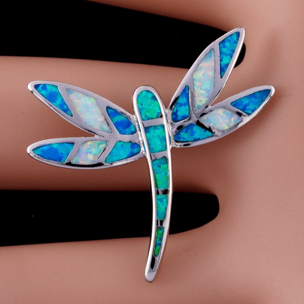 Dragonfly Green Blue White Fire Opal Mixed Silver Jewelry Necklace Pendant