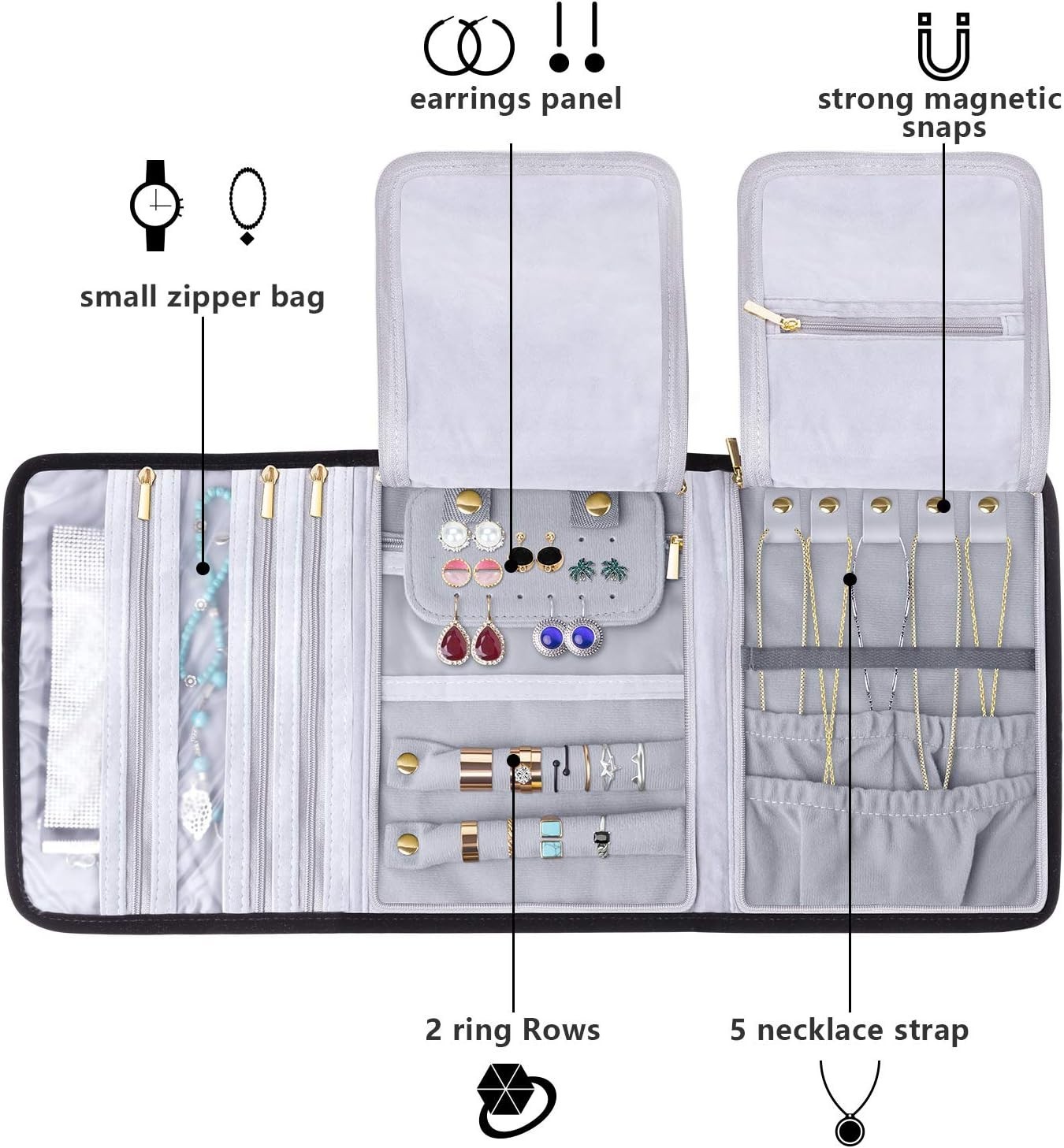 Velvet Travel Jewelry Roll Organizer Jewelry Storage Bag for Necklaces Earrings