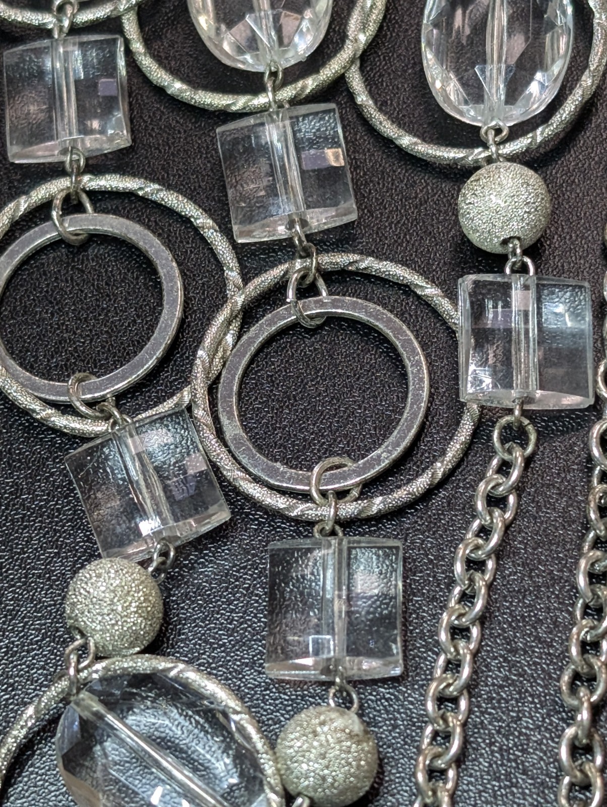 Vintage Silver Tone Geometric Station Necklace Clear Lucite Glass Hoops Textured