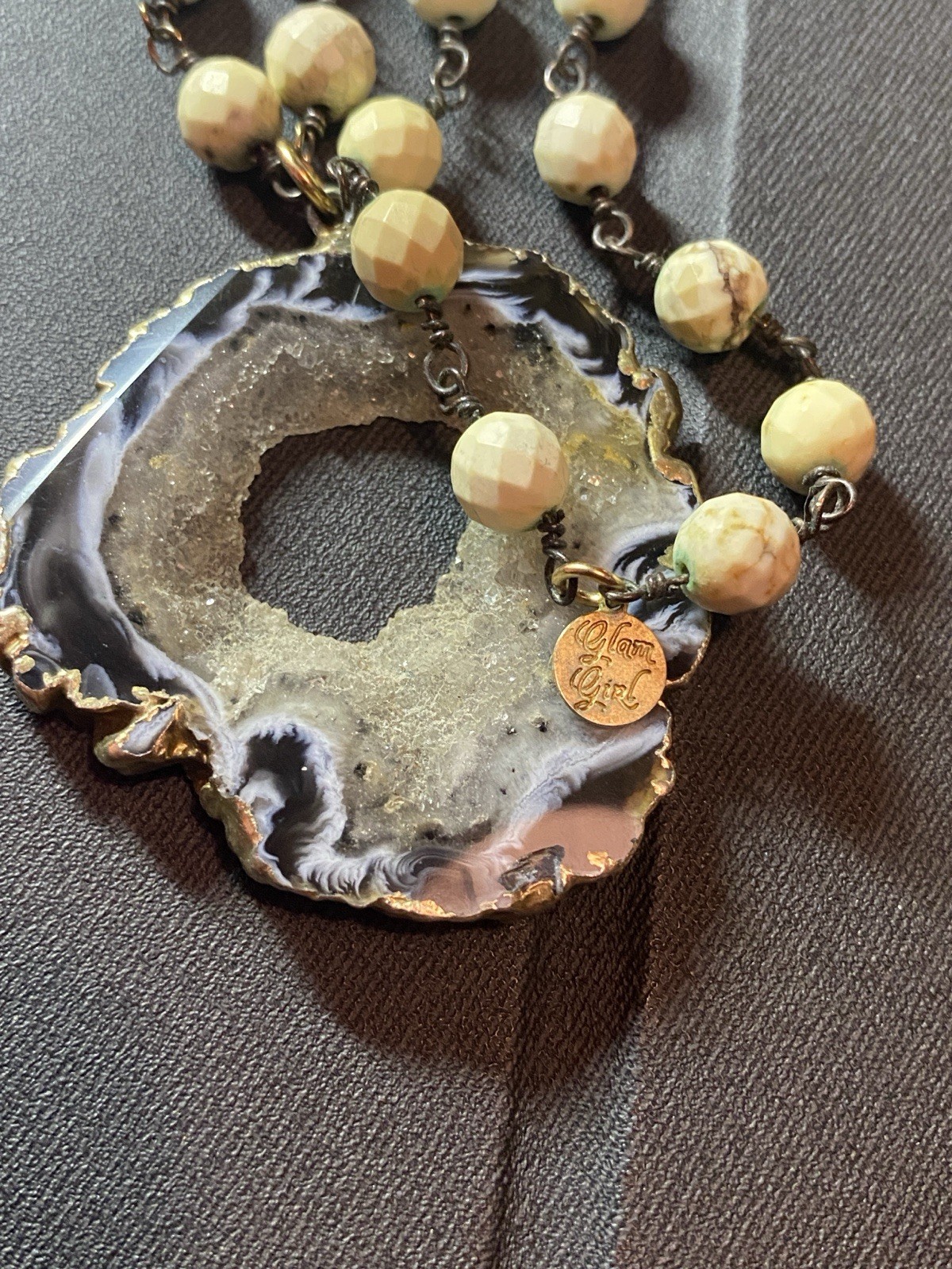 Glam Girl Gems Off White Beaded Unknown Stone With Druzy Crystals Necklace 34″