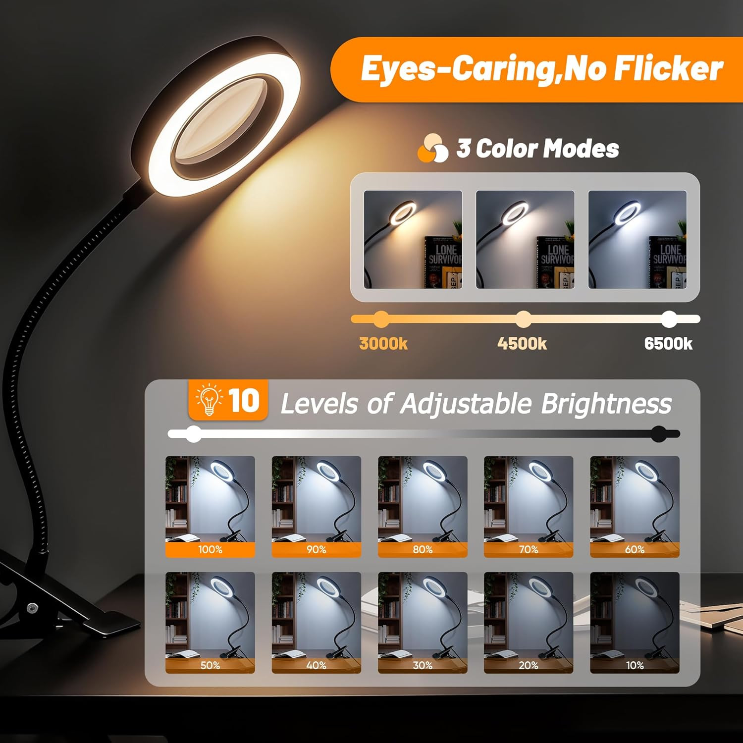 10X Magnifying Glass with Light for Crafts, 3 Color+9 Brightness | Hands Free, F