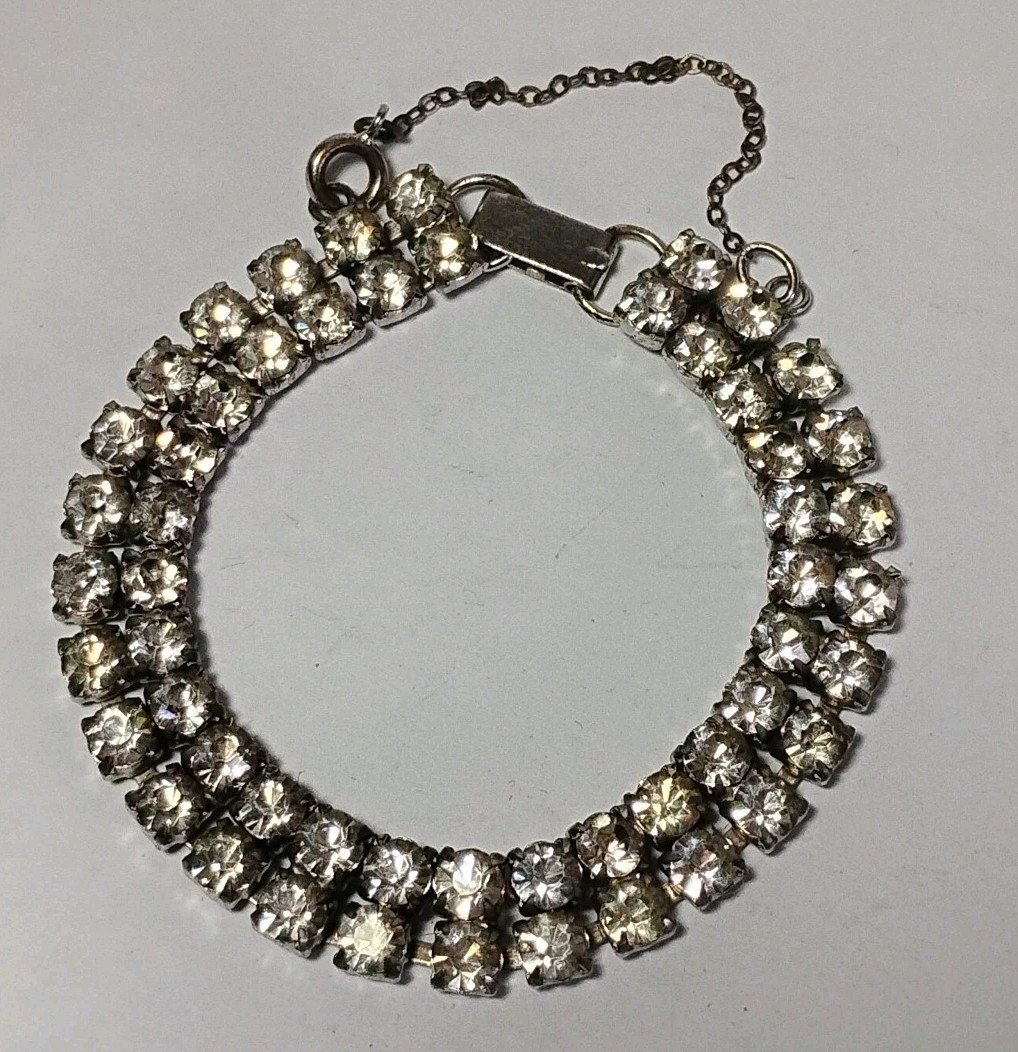 Vintage Rhinestone Silver Tone Double Row Tennis Bracelet 7 1/4″ x 10mm