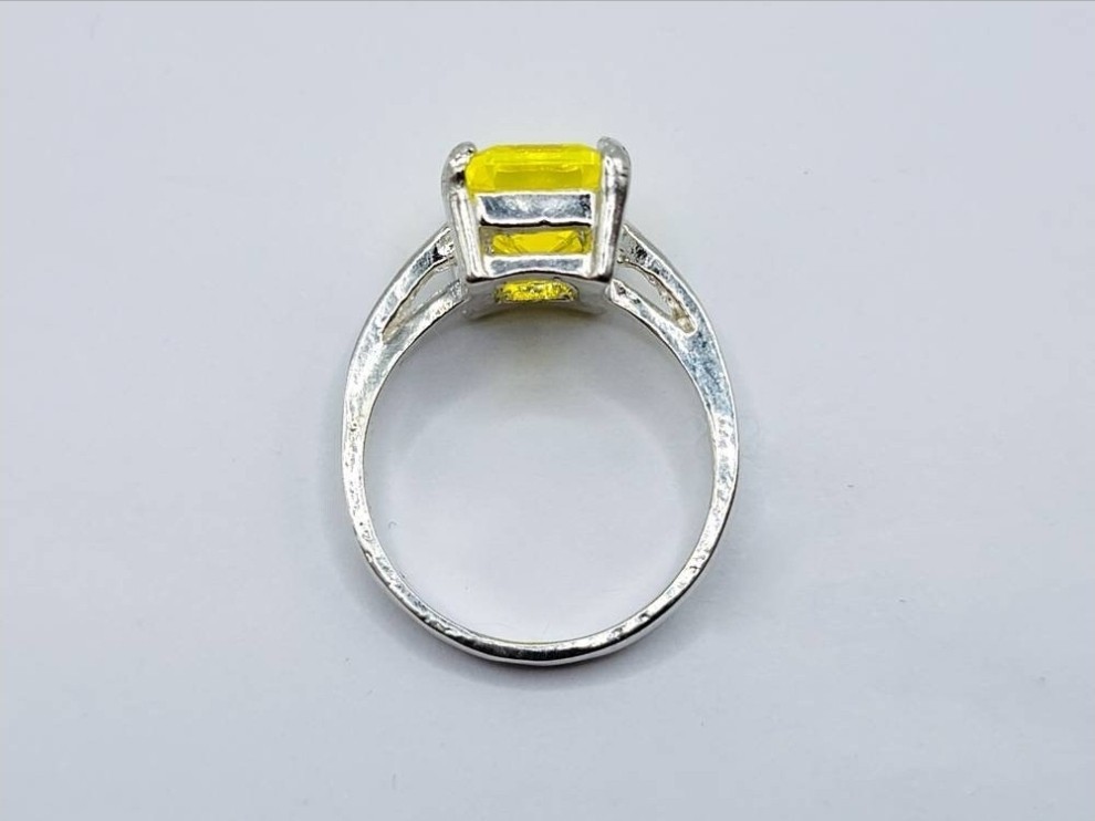 Sterling YAG Ring UV Yellow Yttrium Aluminum Garnet Emerald Cut Solitaire 925