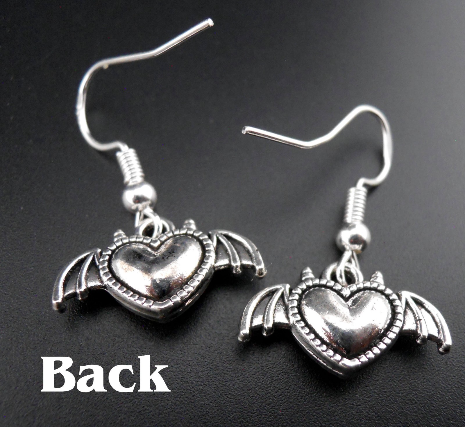 Blood Red Heart Earrings Sterling Silver Ear Wires Goth Bat Wings Devil Hearts