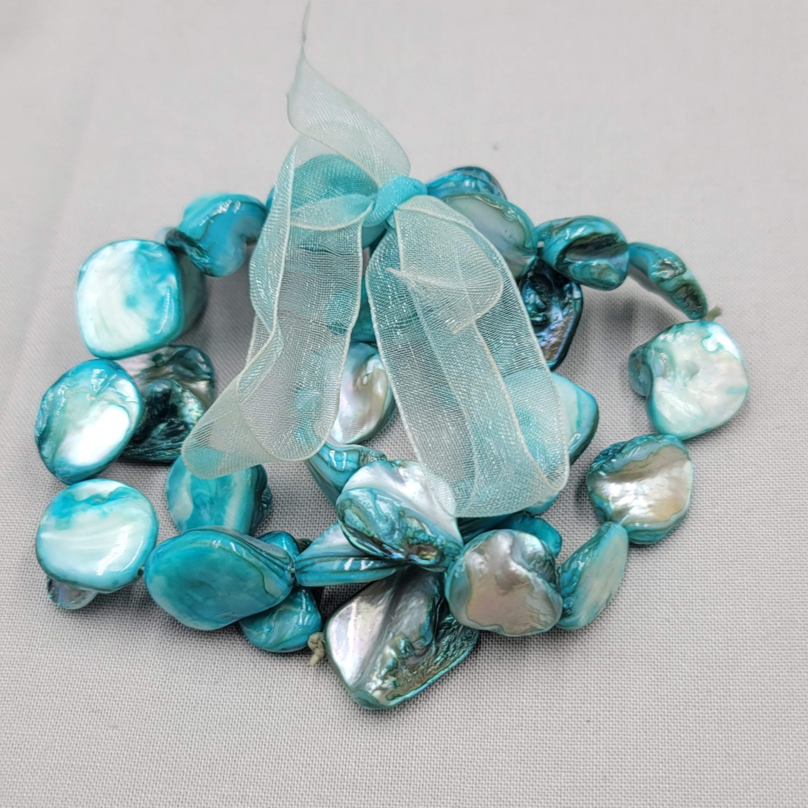Teal Blue Dyed Real Seashell Bead Bracelet Set of 3 Elastic 6″