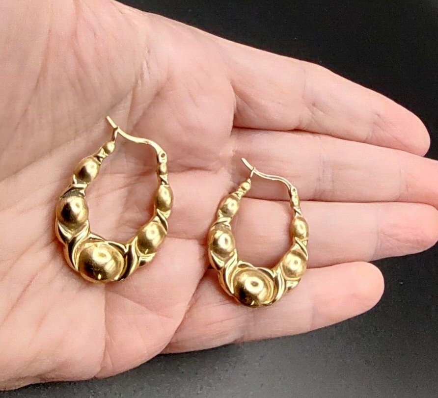 Estate Aurafin QVC 14K Yellow Gold XO Elongated Puffy Hoop Earrings 3.29g