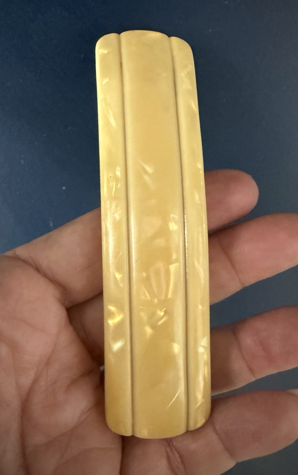 VINTAGE CARVED YELLOW MOIRE CELLULOID HAIR BARETEE MADE IN FRANCE