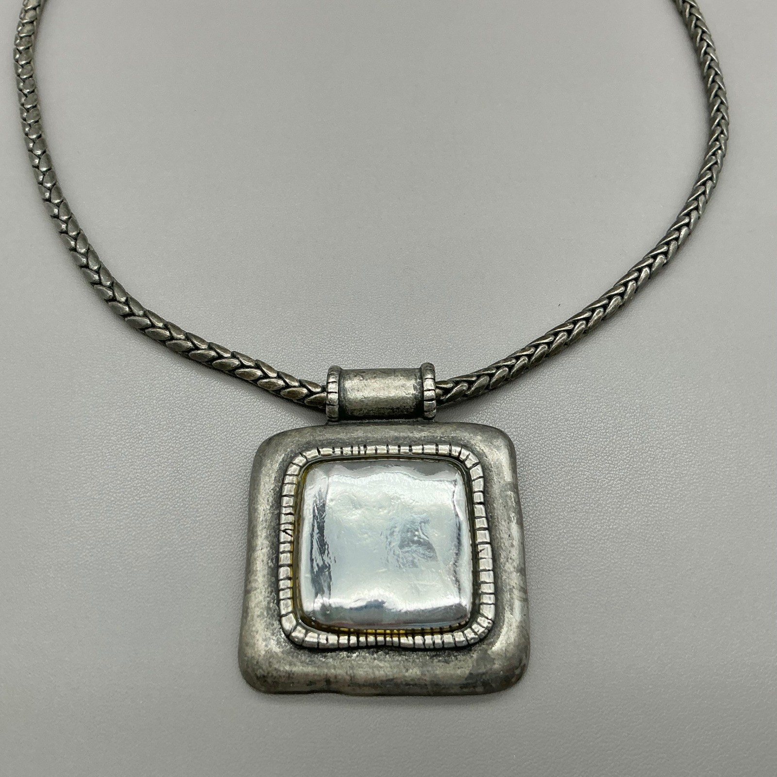 Chico’s Necklace Womens Silver Tone Square Pendant Braided Chain 18-21 Inches