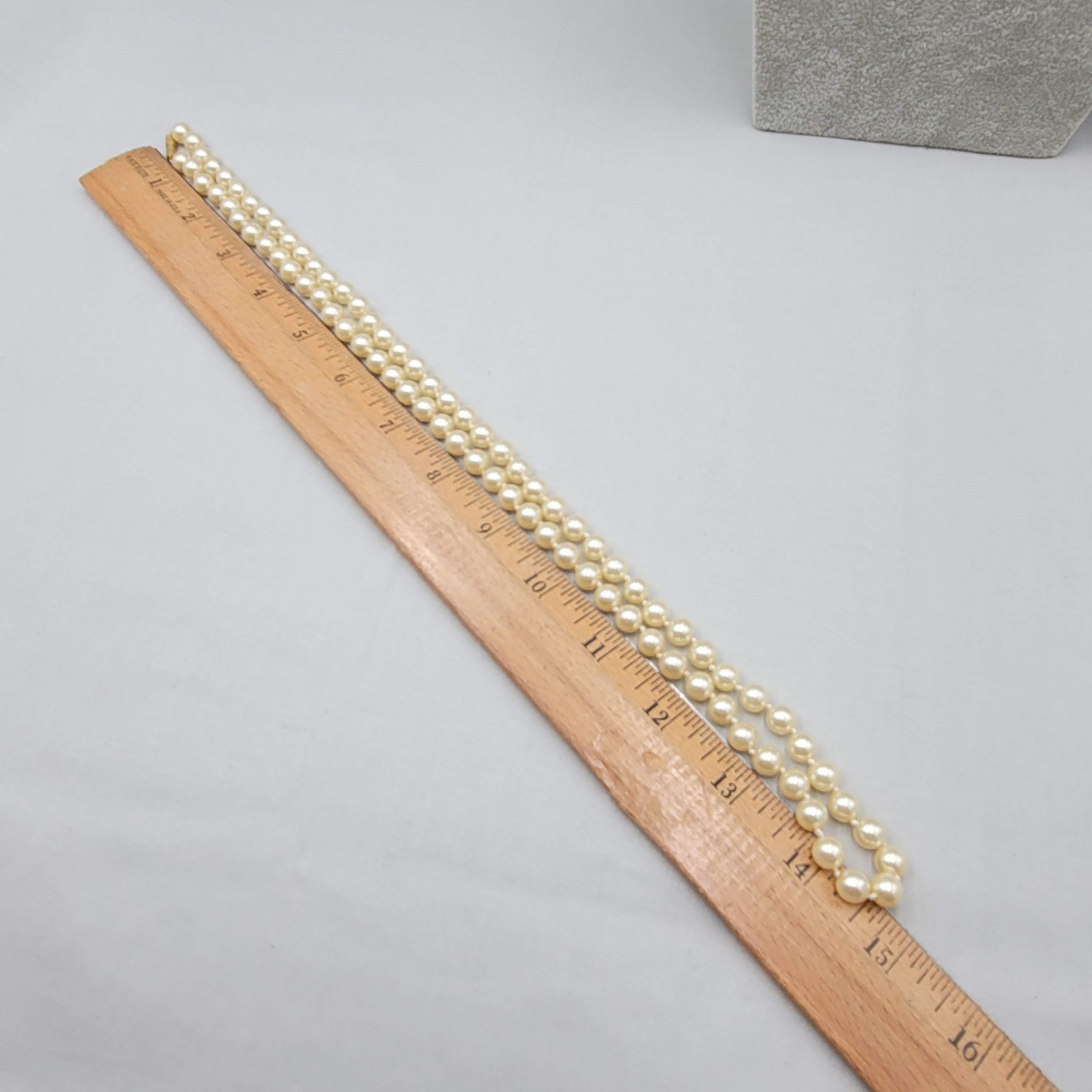 Vintage Glass Faux Pearl 8mm Bead Necklace Hand Knotted 30 in