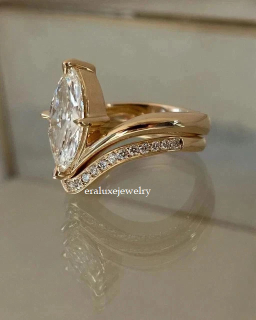 14K Yellow Gold Plated 2Ct Marquise Lab Created Diamond Wedding Bridal Ring Set