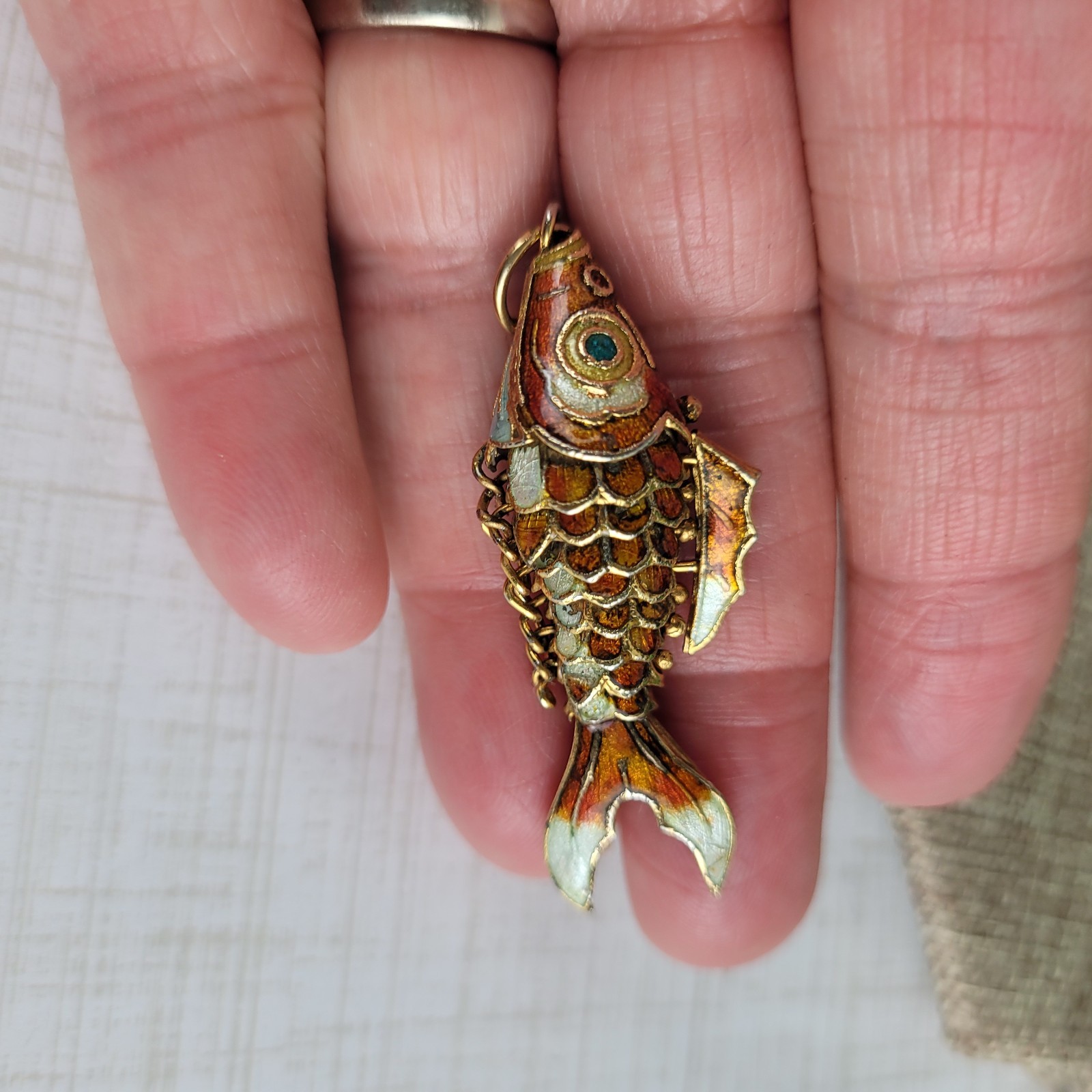 Chinese Gold Gilt Orange Enamel Cloissone Tropical Wiggly Fish Charm Pendant 2″