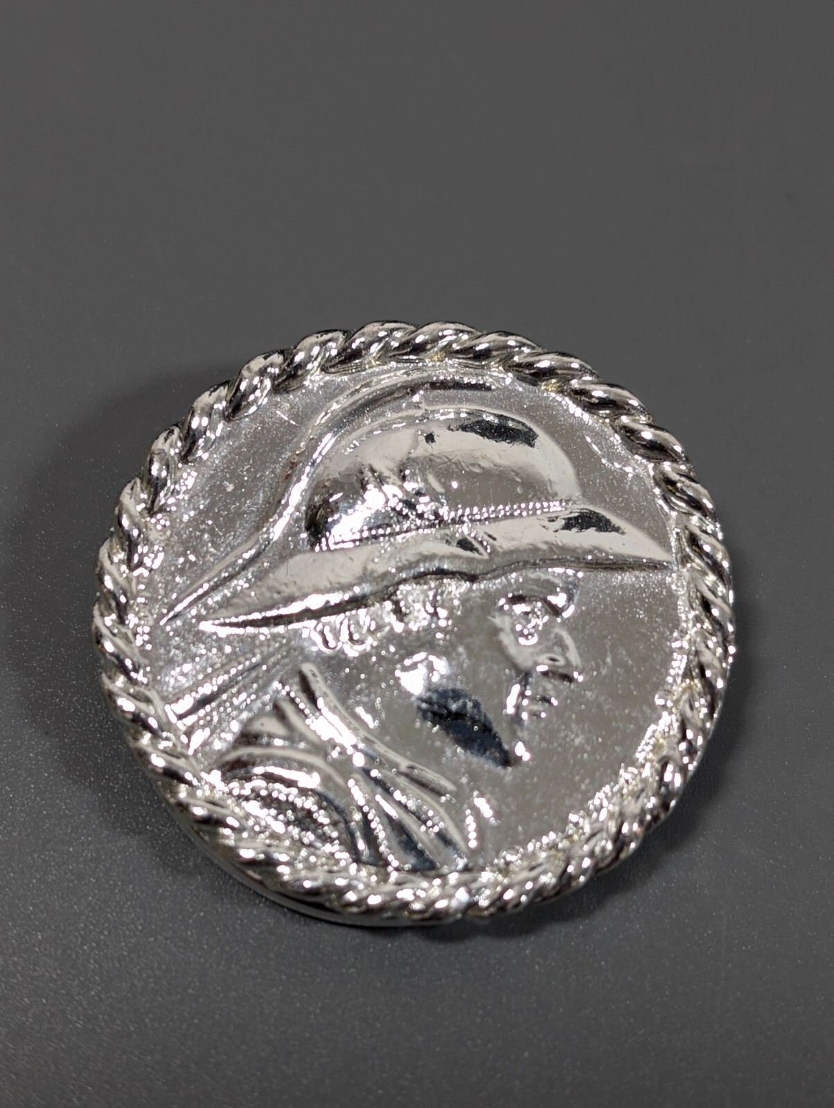 Vintage Silver Tone Woman with Hat Round Classic Retro Scarf Dress Clip