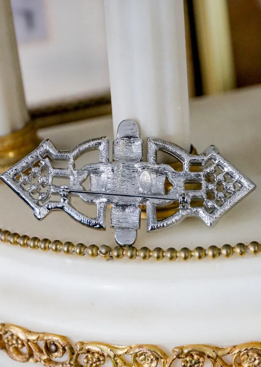 Kenneth Jane Lane Rhodium Plated Art Deco Emerald Crystal Pin
