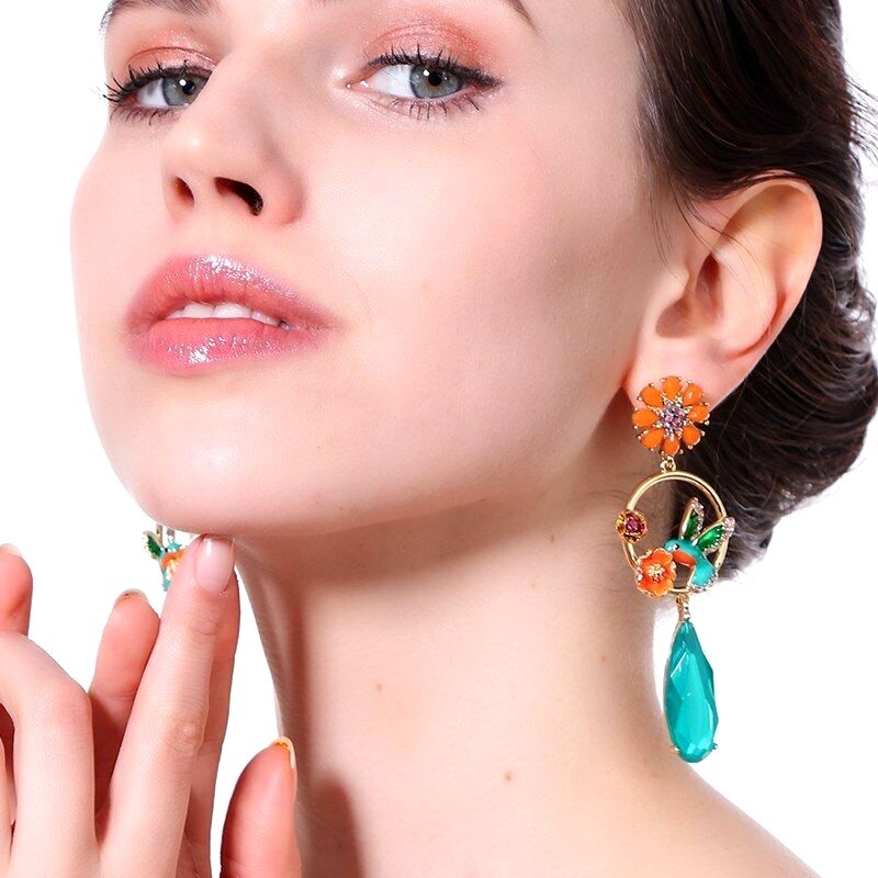 US Seller Betsey Johnson Antique Style Multi-colored Crystal Bird Earrings