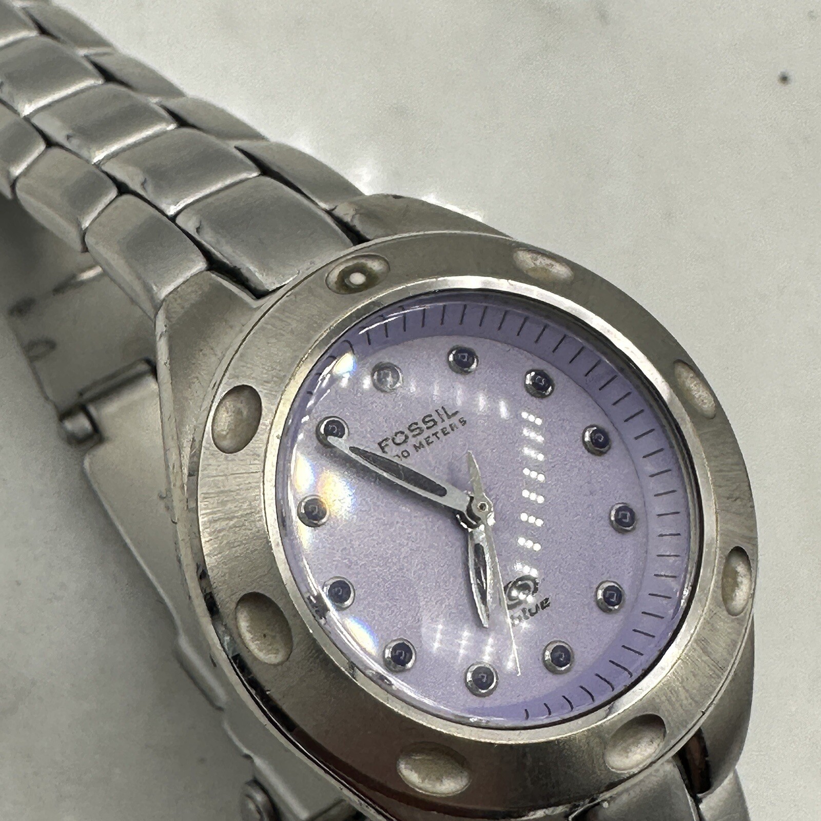 Fossil AM3388 Watch, Purple Dial, Silver Tone, New Battery Sz. 6.25”
