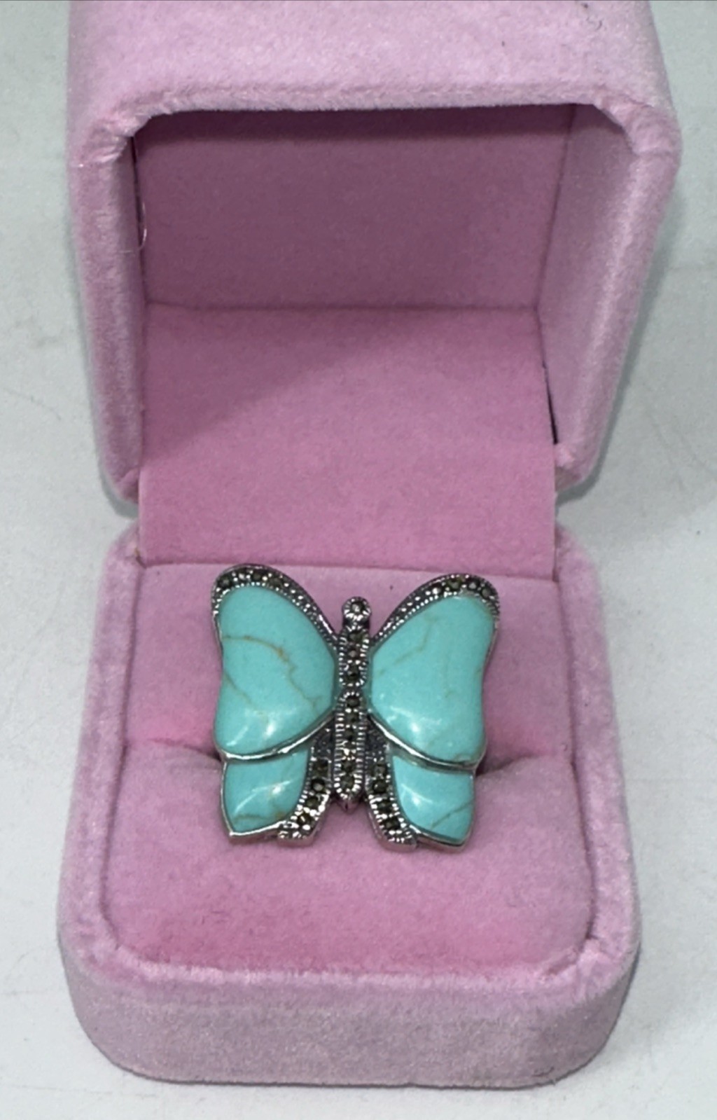 Vintage Howlite Turquoise Butterfly Ring 925 Sterling Silver Size 5 1/4 VGC