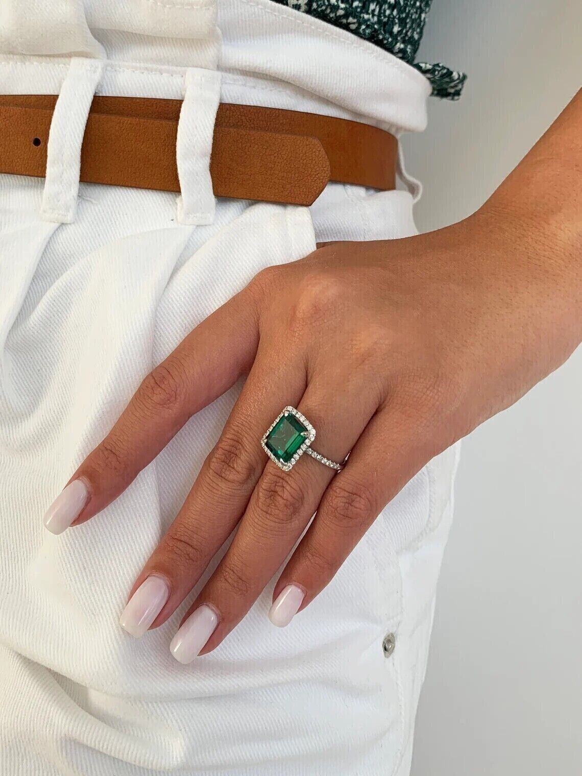 2 Ct Emerald Cut Simulated Green Emerald Wedding Ring 14k White Gold Plated
