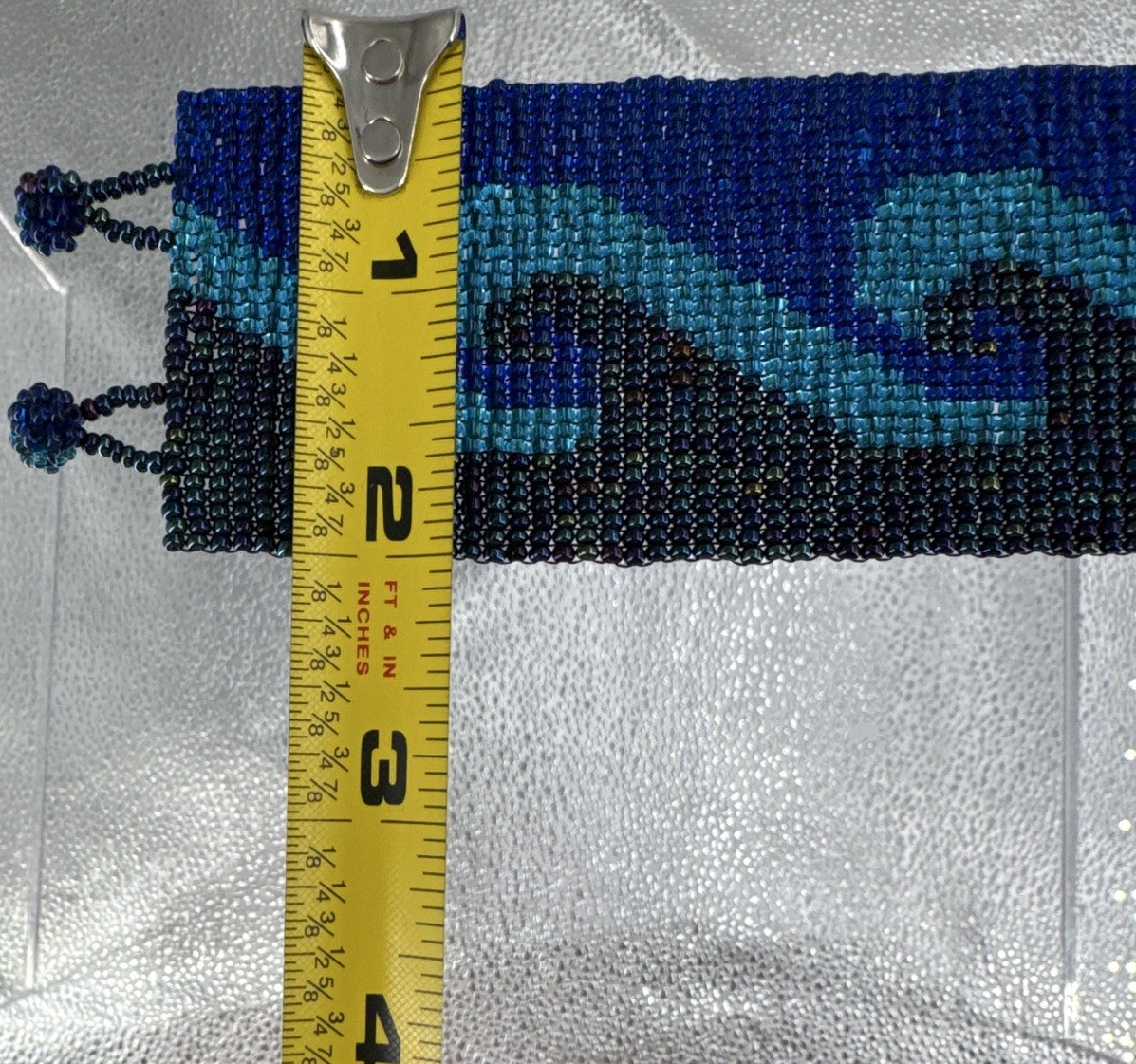 Handmade Beaded Cuff Bracelet Blue Black Teal Wave Pattern Glass Beads 7.5 in