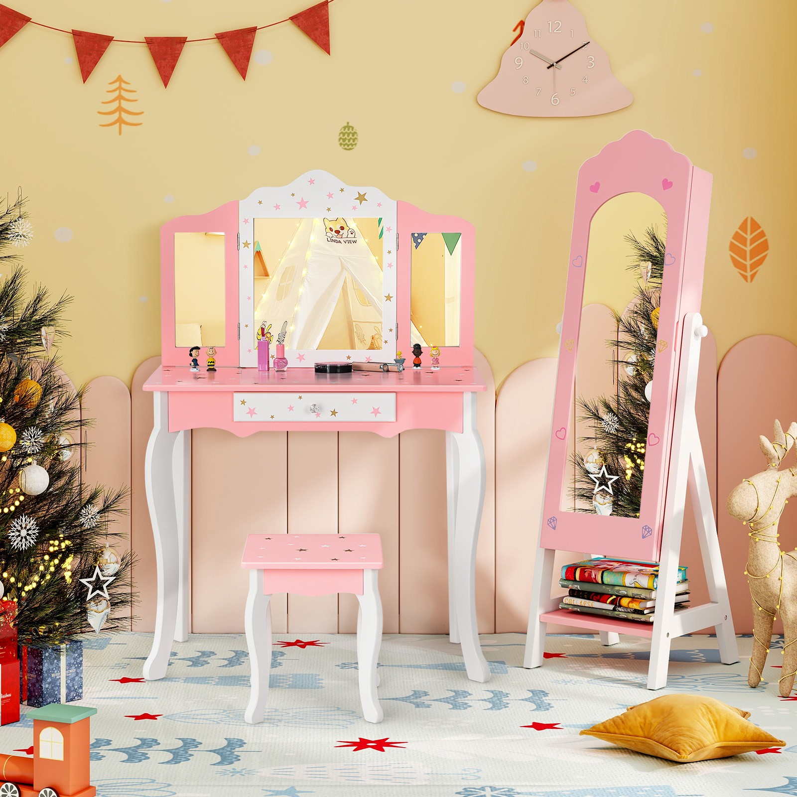 Kids Vanity Set Princess Makeup Dressing Table and Chair Set w/ Jewelry Armoire