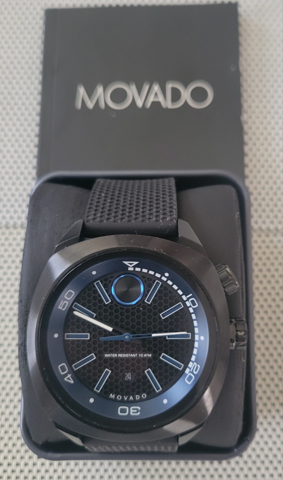 Movado Bold Men’s Quartz 44mm Black/Blue Dial Rubber Strap 100m Date Box