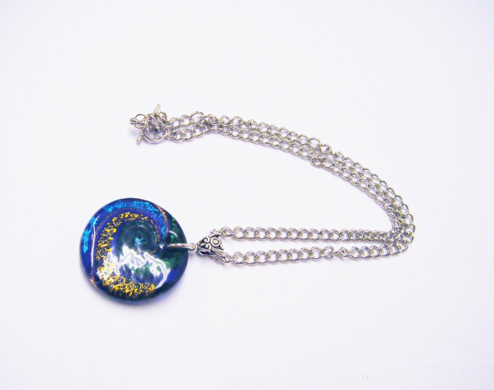 Round Green/Blue/Black & Gold Swirl Pendant Necklace