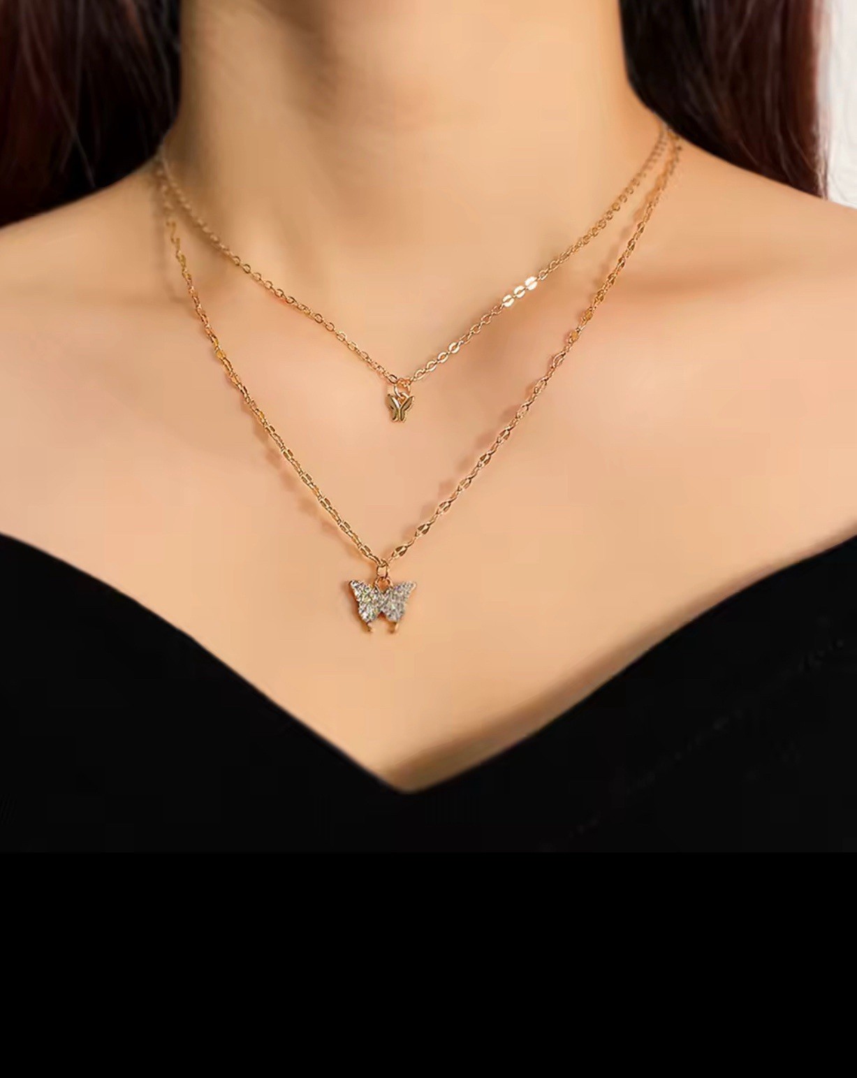 Gold Tone Layered Butterfly Charm Necklace with Clear Crystal Pendant, 16.14″