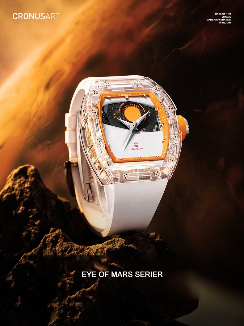 CRONUSART Men Automatic Watch Mechanical Wristwatch Acrylic Case Mars Eye Dial