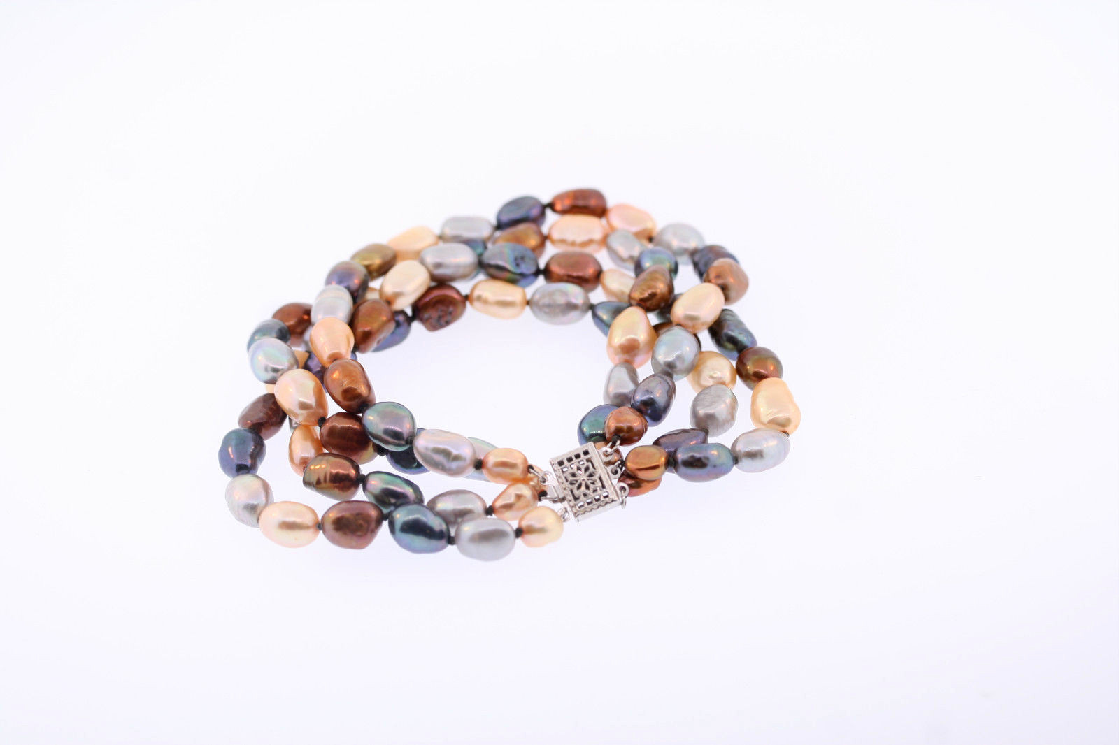 Sterling Silver 6.5-7.5mm 4-Strand Multicolor Baroque Genuine Pearl Bracelet
