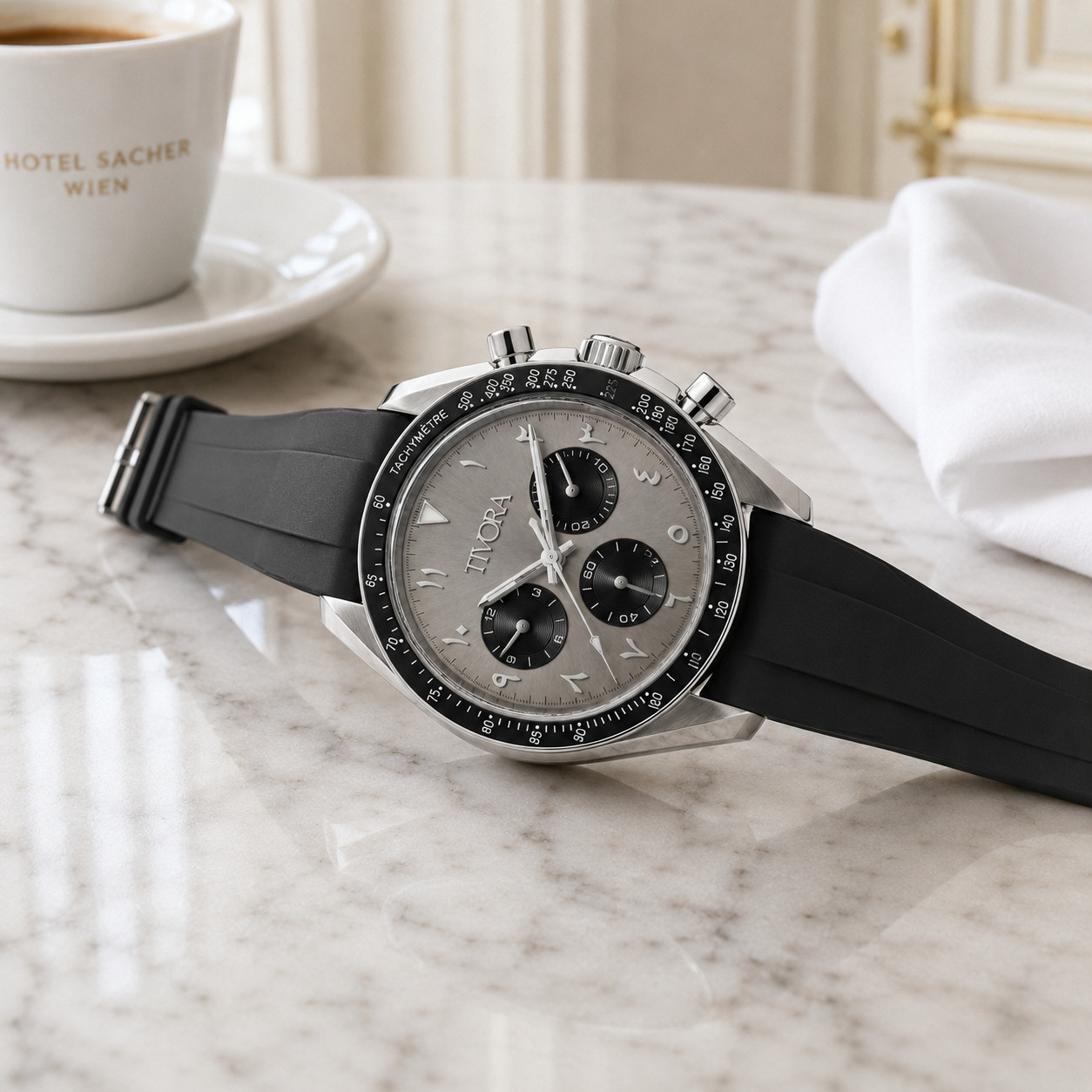 TÍVORÁ Veyron Argent Steel Grey Arabic Dial – Custom Branded Chronograph Watch