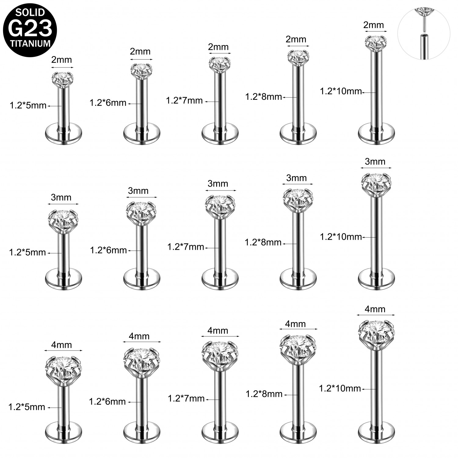 16G/18G/20G Titanium Lip Studs CZ Cartilage Earring Push in Labret Lip Piercing