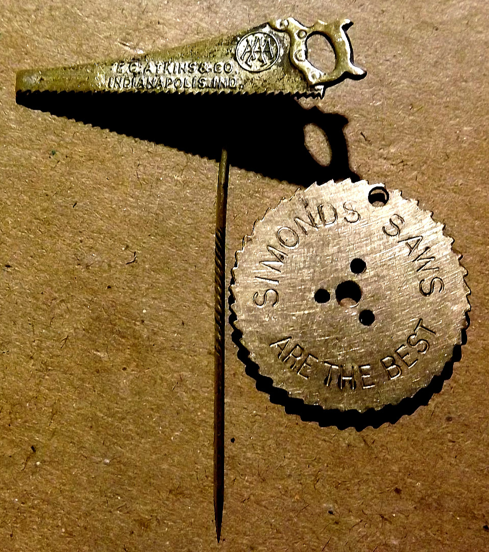 Antique Simonds Saw & EC Akins Saw Stick Pin Pendant Souvenir