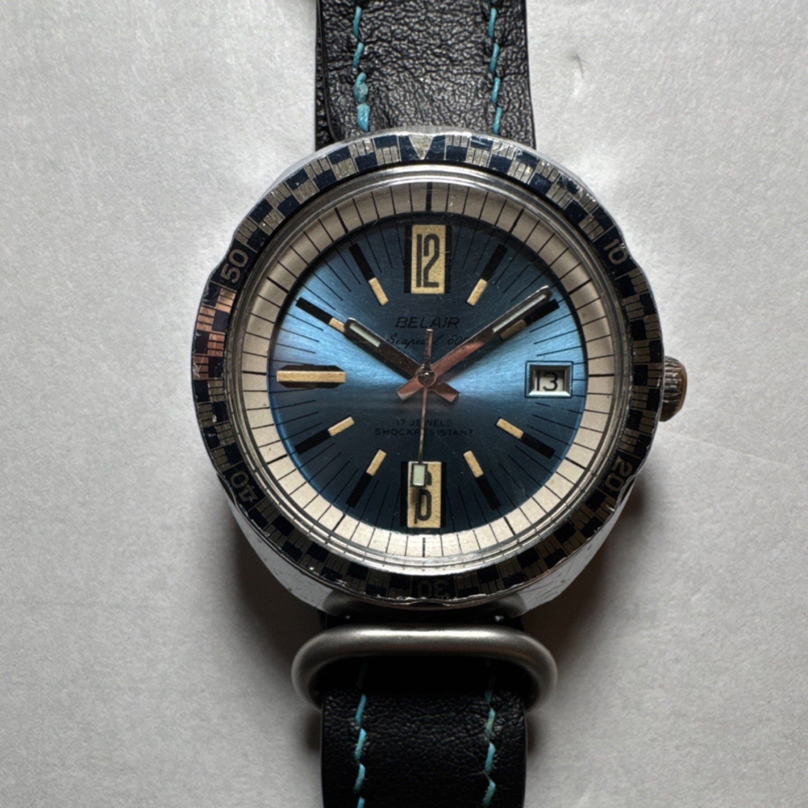 Belair Seapearl 17 Diver 15 ATM Stainless Steel Blue Dial Leather Wristwatch