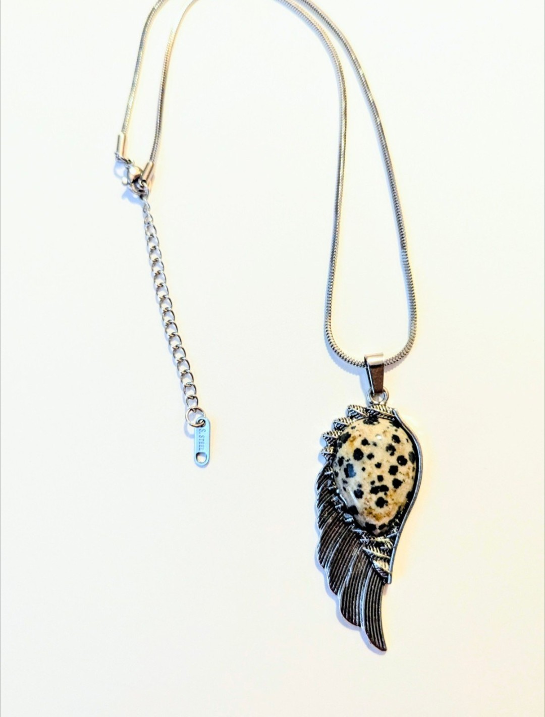 Stainless Steel Angel Dalmatian Jasper Wing Necklace Adjustable Snake Chain